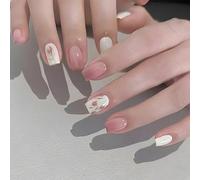 Resweky 24 pcs Français Carré Faux Ongles Fleur Rose Nu Paillettes Faux Ongles Impression Brillant Sur Ongles Pour Femmes Et Filles