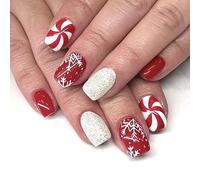 Resweky 24 Pcs Noël Faux Ongles Rouge Français Carré - Bonbons Moyenne Longueur Pleine Couverture pour Femmes et Filles