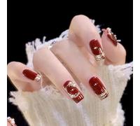 Resweky Carré Rouge Long Faux Ongles 24 Pcs - Fleur Poli Français Avec Perle Impression - Pleine Couverture Acrylique Pour Femmes