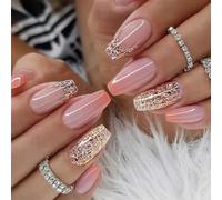 Resweky Coffin Long French Ongles Faux 24 Pcs avec Paillette Impression, Rose Orange, Couverture Complète Acrylique pour Femmes et Filles