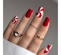 Resweky Faux Ongles de Noël 24pcs Bonbons Rouge Français Faux Ongles Carré Longueur Moyenne Couverture Complète Faux Ongles Pour Femmes et Fille