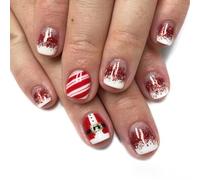 Resweky Noël Faux Ongles 24pcs Rouge Snowman Paillett Français Carré Faux Ongles Court Couverture Complète Faux Ongles pour les Femmes et la Fille