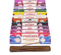 Retailers Satya Lot de 12 paquets de bâtons d'encens Nag Champa, sang de dragon, méditation, forêt de patchouli, Palo Santo, sauge blanche, lavande, citronnelle