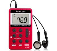 Retekess V112 Petite radio, radio de poche AM FM avec écouteurs, batterie 500 mAh, minuteur de sommeil, pour le jogging, l'extérieur pour les seniors (rouge)