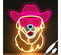 Retisee Golden Retriever Panneau néon LED à intensité variable portant des lunettes portant des lunettes et chapeau de cowboy pour amoureux des chiens, salon, magasin, bar, accessoire de fête