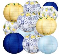 Retisee Lot de 12 lanternes en papier Capri Lemon de 25,4 cm - Décorations de fête méditerranéenne - Décoration de fête - Italie Grèce - Carreaux jaunes et bleus - Décoration pour fête prénatale Capri