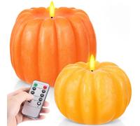 Retisee Lot de 2 bougies LED sans flamme en forme de citrouille avec télécommande minuterie, 10,2 cm de haut, 15,2 cm de haut, décoration rustique pour la maison, Thanksgiving, Halloween, fête (orange