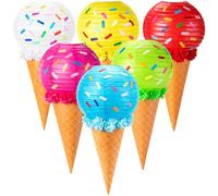 Retisee Lot de 6 décorations de fête en forme de crème glacée, 54 cm à faire soi-même, lanternes glacées, cônes de papier cadeau, fleurs en mousseline de soie, kit de confettis à suspendre au plafond