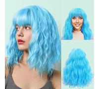 Retoleca Perruque synthétique bou et ondulée avec frange pour femme, longueur épaule, sans colle (35,6 cm, bleu)