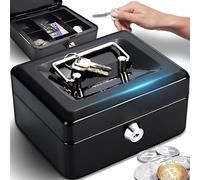 Retoo 15 x 12 x 8 cm - Caisse à monnaie verrouillable avec compartiment à monnaie et 2 clés en acier revêtu par pulvérisation - Coffre de protection contre le feu avec poignée escamotable (noir).