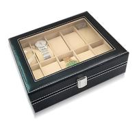Retoo Boîte à Montres à 10 Emplacements Coffret à Montres Écrin avec Couvercle en Verre Coussinets Amovibles Serrure en Métal Revêtement en Noir et Doublure en Gris Étui de Collection de Montre Noir