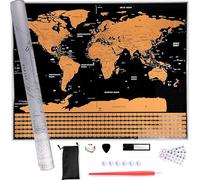 Retoo Carte du monde à gratter dorée - 82,5 x 59,4 cm - Papier laminé | Revêtement de marqueur effaçable avec dés, loupe, autocollants, stylos, sac à accessoires, tube de protection