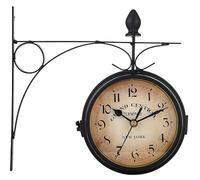 Retoo Horloge de Gare Rétro Double Face 22,5 x 22 cm - Résistante aux intempéries - Horloge Murale rétro- Noir - Fer rétro - Horloge Murale décorative avec Support - Horloge d'extérieur Vintage
