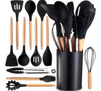 Retoo Lot de 12 ustensiles de cuisine en silicone antiadhésifs résistants à la chaleur avec porte-ustensiles - Récipient de rangement - Poignée en bois - Résistant à la chaleur - Noir