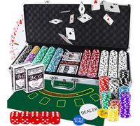Retoo Mallette de poker 500 jetons dans un coffret en aluminium - Kit complet de poker avec 2 jeux de cartes, 5 dés, 3 boutons de croupier - Parfait pour le Texas Hold'em, le Blackjack et les soirées