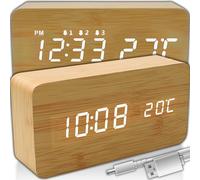Retoo Réveil Numérique en Bois, Écran LED Moderne, 3 Niveaux De Luminosité De L'écran, Mesure De La Température, Alarme Sonore, Calendrier, USB DC 5v, 4X 1,5V AAA,15 x 7 x 4,5 cm Finition Bois
