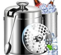 Retoo Seau à glaçons avec couvercle et pince - Double paroi en acier inoxydable - 1,3 l - Seau à glace pour glaçons - Seau à champagne avec anse - 20 x 14,5 cm - Argenté