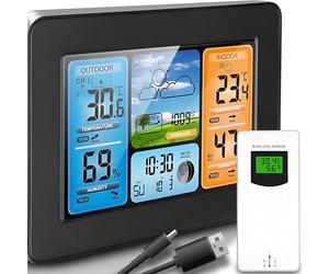 Retoo Station Météo Sans Fil, Format 12 Ou 24 Heures, Hygromètre, Baromètre, Alarme, Prévisions Météo, Fonction Snooze, Écrans LCD, °C Et °F, Mesures Externes Et Internes, IPX4, DC 5V, Noir Brillant