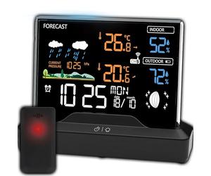 Retoo Station Météo Sans Fil, Thermomètre, Hygromètre, Baromètre, Intérieur, Extérieur, Capteur, LCD, Prévisions, Horloge Radio, Alarme, Noir