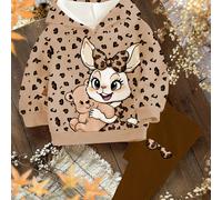 Retour à l'école, lapin vintage mignon et imprimé léopard, kaki, style rétro doux Mori Girl, ensemble 2 pièces de sweat-shirt minimaliste décontracté pour jeunes filles, convient pour l'automne/l'hive