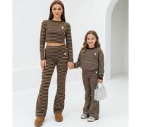 Retour à l'école Style vintage doux Mori Girl, Chic collégial décontracté, Imprimé rayé beige, Design simple de cheval chevalier, Ensemble 2 pièces de sweat-shirt à manches longues col rond ample et p