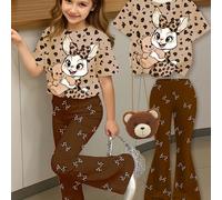 Retour à l'école Vintage Mignon Lapin dessin animé & Imprimé Léopard, Kaki, Style Rétro Doux Mori Girl, Jeune Fille Minimaliste Décontracté Motif dessin animé Col Rond T-Shirt à Manches Courtes et Pan