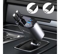 Retractable 60w Usb C Car Charger With 2 Cables Led Voltmeter Compatible With Iphone, Ipad, Samsung, Huawei For 12v/24v Caravan Motorhome Boat