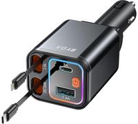 Retractable Car Charger,4 in 1 Fast Car Charger USB-C 69W for iPhone16/15/14/13/12,Car Charger (Grey,for Apple+Type C & RGB Breathing Light [Black])