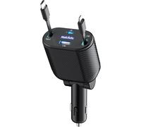 Retractable Car Charger, 62W USB C Cigarette Lighter Charger (Type-C/USB-i Charging Cable, USB-A/C Port), 4 in 1 Fast Charging Compatible with iPhone 16 15 14 13 12 11/iPad/Galaxy/Tablet, Black
