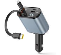 Retractable Car Charger, 69w 4 In 1 Quick Charger Qc3.0&pd Plug Adapter Usb Phone Charger With Led Voltmeter For Iphone, Android, Samsung (Gray)