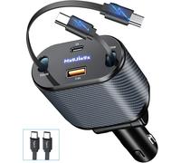 Retractable Car Charger, 80W USB C Cigarette Lighter Charger (Dual Type C Cable, USB-A/C Port), 4 in 1 Fast Charge Compatible with iPhone 16 15 14 13 12 11/iPad/Galaxy/Tablet, Dark Grey