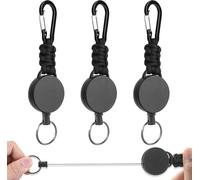 Retractable Key Rings,3pcs Heavy Duty Carabiner Badge Holder,Retractable Badge Reel Clip With Braided Lanyard,Paracord Key Ring And Steel Wire Cord For Outdoor (Black)