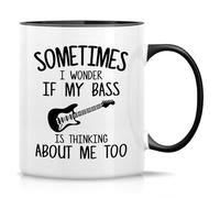 Retreez Tasse humoristique en céramique avec inscription « I Wonder if My Bass is Thinking About Me Too » - 325 ml - Cadeau hilarant pour bassiste et joueur de guitare - Tasse blanche avec poignée