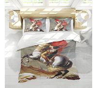 Retro 3pc Bedding Set Napoléon Ride White Horse Pattern Duvet Housse avec Fermeture à glissière 4 Corner Ties 2 Taie d’Oreiller Pas de draps 180x200 cm