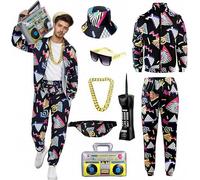 Retro 80s 90s Outfit for Men - 8-Piece Vintage Halloween Costumes for Men-Tracksuit Set with Hip-Hop Accessories (Schwarz,L)
