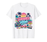 Rétro années 80 90 Nostalgie Plage Tropicale Ambiance Coucher de Soleil Palmier T-Shirt Graphique avec Valeur, Homme, Blanc, S