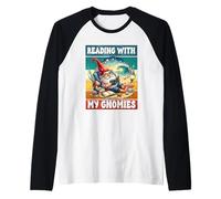Retro Beach Gnome Reading Book Graphic Funny Teacher Summer Manche Raglan