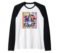 Retro Birthday GNOME with Colorful Balloons Happy Birthday Manche Raglan
