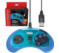 Retro-Bit Official Sega Genesis Contrôleur USB 6 Boutons Arcade Pad pour Sega Genesis Mini, PC, Mac, Steam, Nintendo Switch - Port USB Bleu Transparent