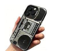 Retro Boombox Cassette Player Pattern Phone Case for iPhone 17/16/15/14 Pro Max, Electroplated Four-Corner Anti Fingerprint Shockproof Case (Style A,17 Air)