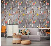 Rétro Branches Petits Oiseaux Coloré Feuilles Papier Peint 3D Installation Facile Intissé Tapisserie Bureau Salon Canapé Chambre Décoration Murale-350cm×256cm