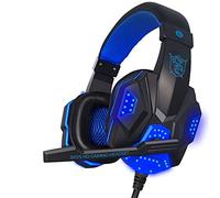 Retro Casque Gaming Filaire Écouteur Micro Casque Antibruit Over-Ear Cuir Synthétique PC, Ordinateur Portable, PS4, Tablette, Smartphone, TV Noir/Bleu