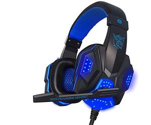 Retro Casque Gaming Filaire Écouteur Micro Casque Antibruit Over-Ear Cuir Synthétique PC, Ordinateur Portable, PS4, Tablette, Smartphone, TV Noir/Bleu