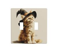 Rétro Chat dans un Chapeau de Sorcière Double Gang Toggle Plaque Murale Plaque Murale Décor Interrupteur Décor Taille Standard - 11,4 x 11,4 cm