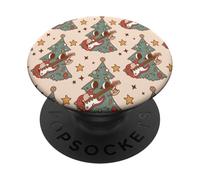 Retro Christmas Santa Trees Playing Music Over Peach Cover PopSockets PopGrip Adhésif
