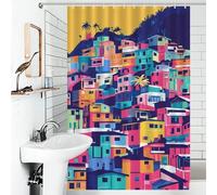 Retro Colorful Houses of South America Minimalist Pattern Art Illustration Ensemble De Décoration De Salle De Bain Moderne En Tissu Imperméable Et Résistant À Séchage Rapide Pour Baignoires De Cabine