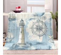 Rétro Couverture voilier Phare océan Plaid Polaire 220x240 cm Adultes d'enfants Couverture en Flanelle Sherpa Super Douce et Chaude pour Canapé Chaise et Lit