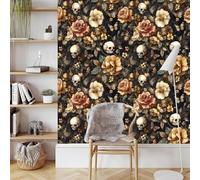 Rétro Crâne Rose Papier Peint Adhesif Fleurs Papillon Mural Motif Film Décoratif Meuble Intissé Wallpaper Autocollant Imperméable Mat Stickers Collant pour Armoires Murs Salon Chambre 0.4X3 M