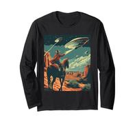 Rétro Desert Cowboy Riding Horse Shooting At Space UFO Art Manche Longue