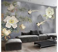 Rétro Dessin À La Main Sommets Pivoines Paysage Papier Peint 3D Installation Facile Intissé Tapisserie Bureau Salon Canapé Chambre Décoration Murale-400cm×280cm